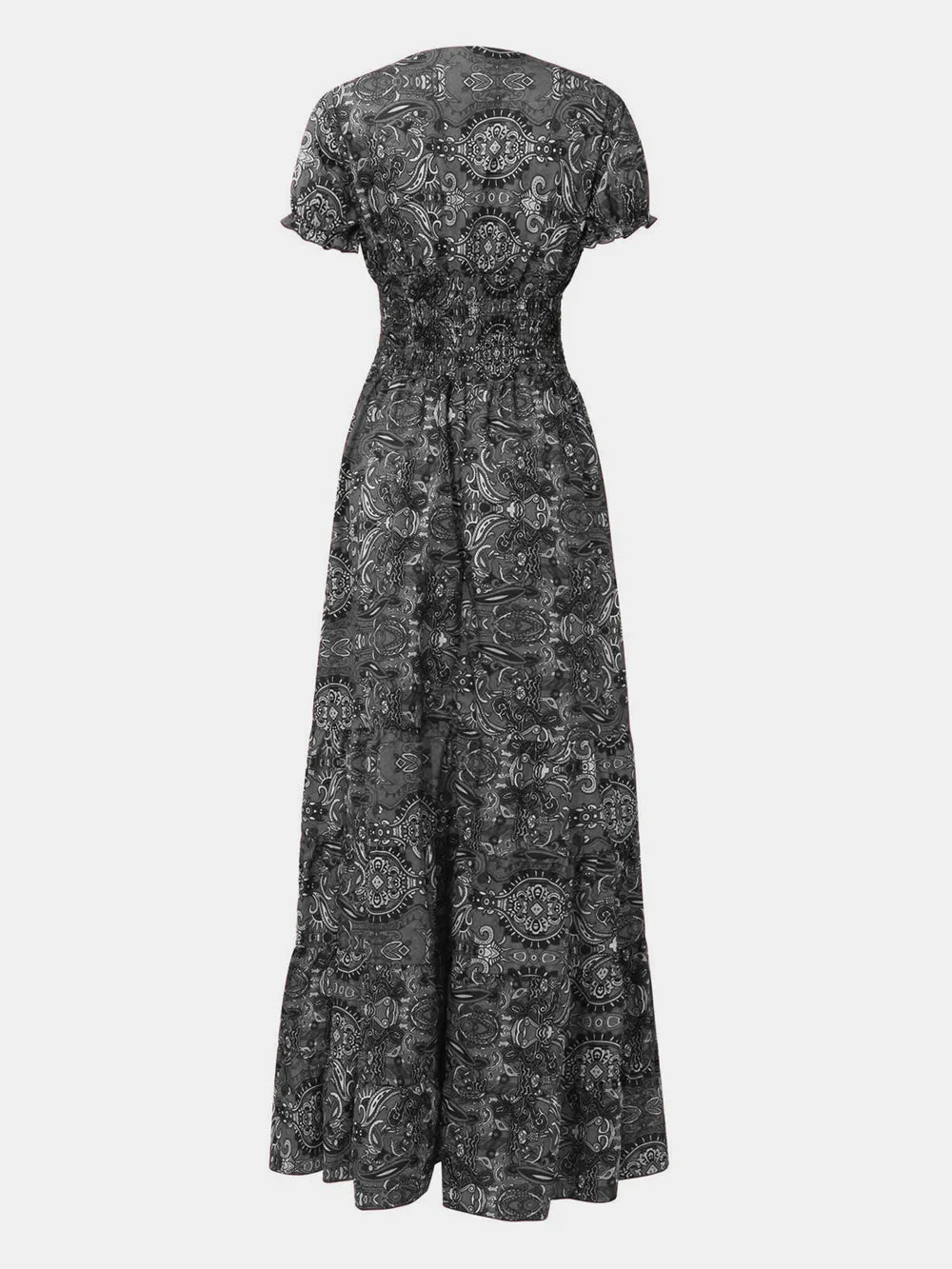 Women's Plus Size Short Sleeve V-Neck Printed Dress with Ruched Detail - Dark Gray