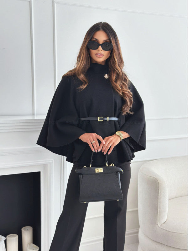 Women's Turtleneck Wool Poncho with Belt - Black