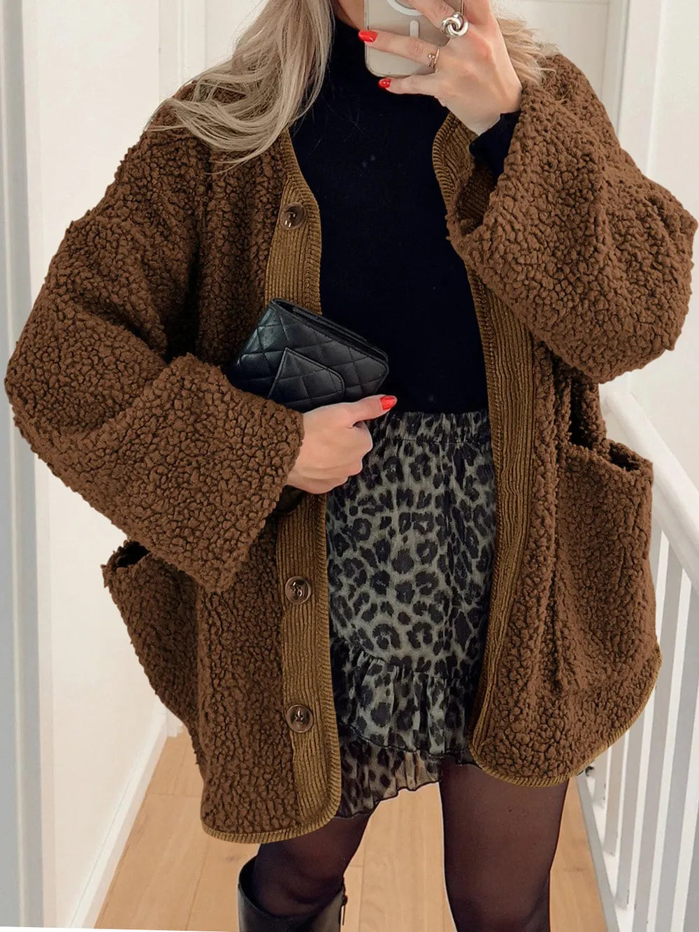 Women's Two-Tone Sherpa Button-Up Jacket with Pockets - Brown