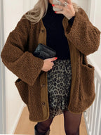 Women's Two-Tone Sherpa Button-Up Jacket with Pockets - Brown
