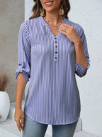 Women's Striped V-Neck Roll-Up Sleeve Blouse