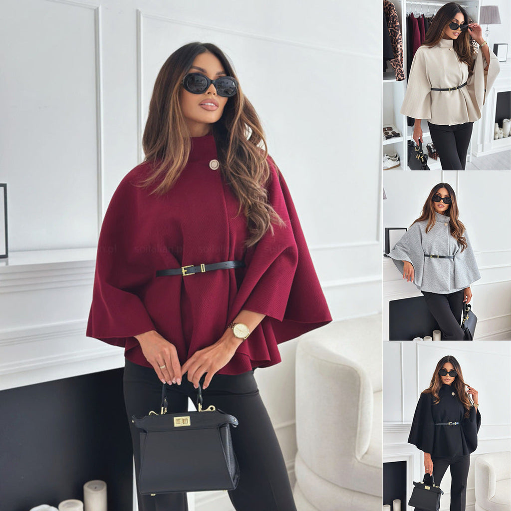 Women's Turtleneck Wool Poncho with Belt