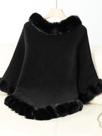 Women's 3/4 Sleeve Poncho with Faux Fur Trim Textured Cape