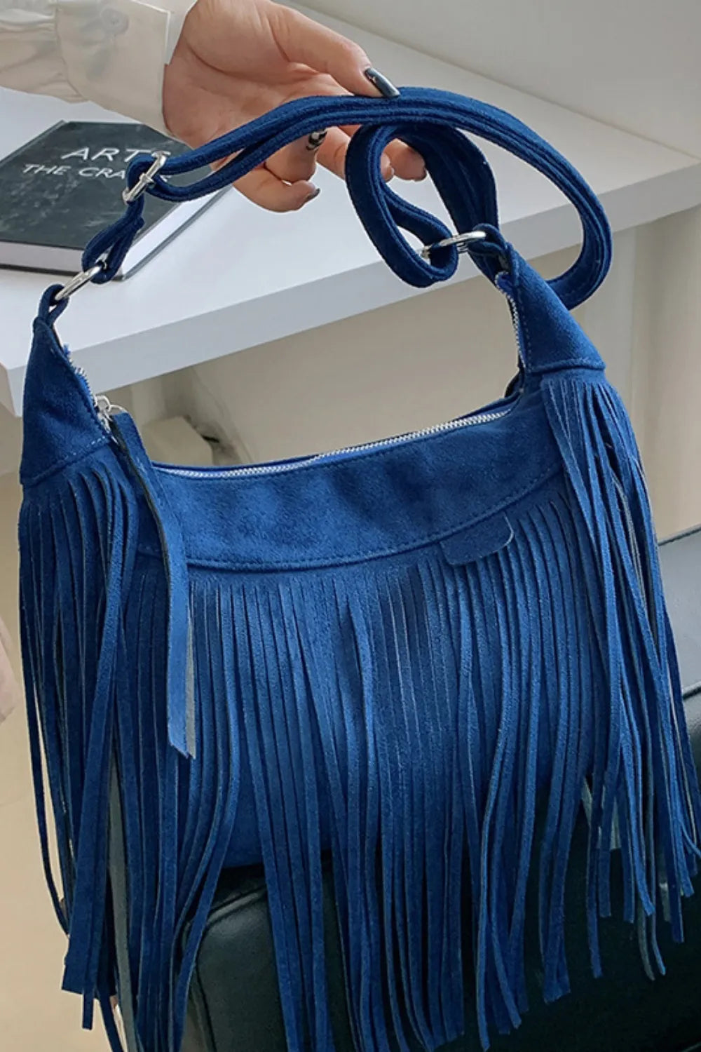 Women's Suede Fringe Shoulder Bag with Adjustable Strap - Navy Blue