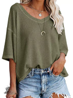 Women's Waffle Knit V-Neck Short Sleeve T-Shirt - Olive Green