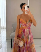 Women's Fitted Mesh Wedding Guest Maxi Dress with Thin Straps