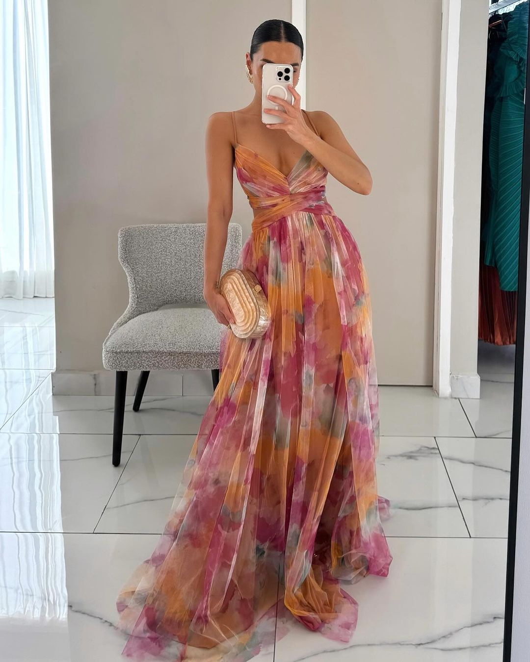 Women's Fitted Mesh Wedding Guest Maxi Dress with Thin Straps - Orange