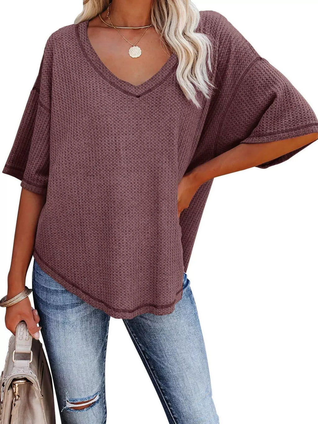 Women's Waffle Knit V-Neck Short Sleeve T-Shirt