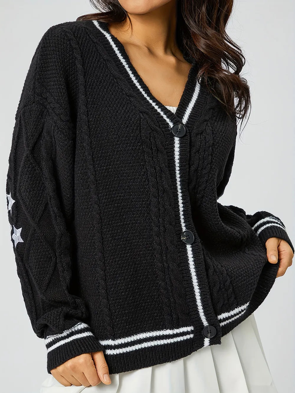 Women's V-Neck Long Sleeve Star Embroidered Knit Cardigan - Black