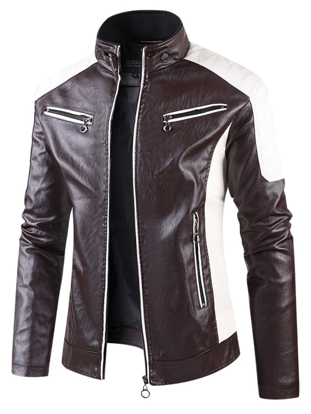Men's Color Block Faux Leather Jacket Plus Size - Coffee