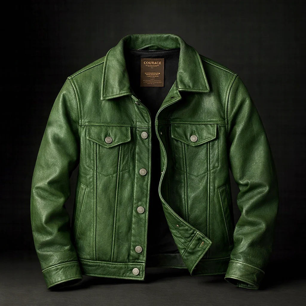 Men's Faux Leather Jacket with Retro Lapel - Green