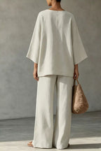 Women's Linen Boat Neck Top and Wide-Leg Pants Set