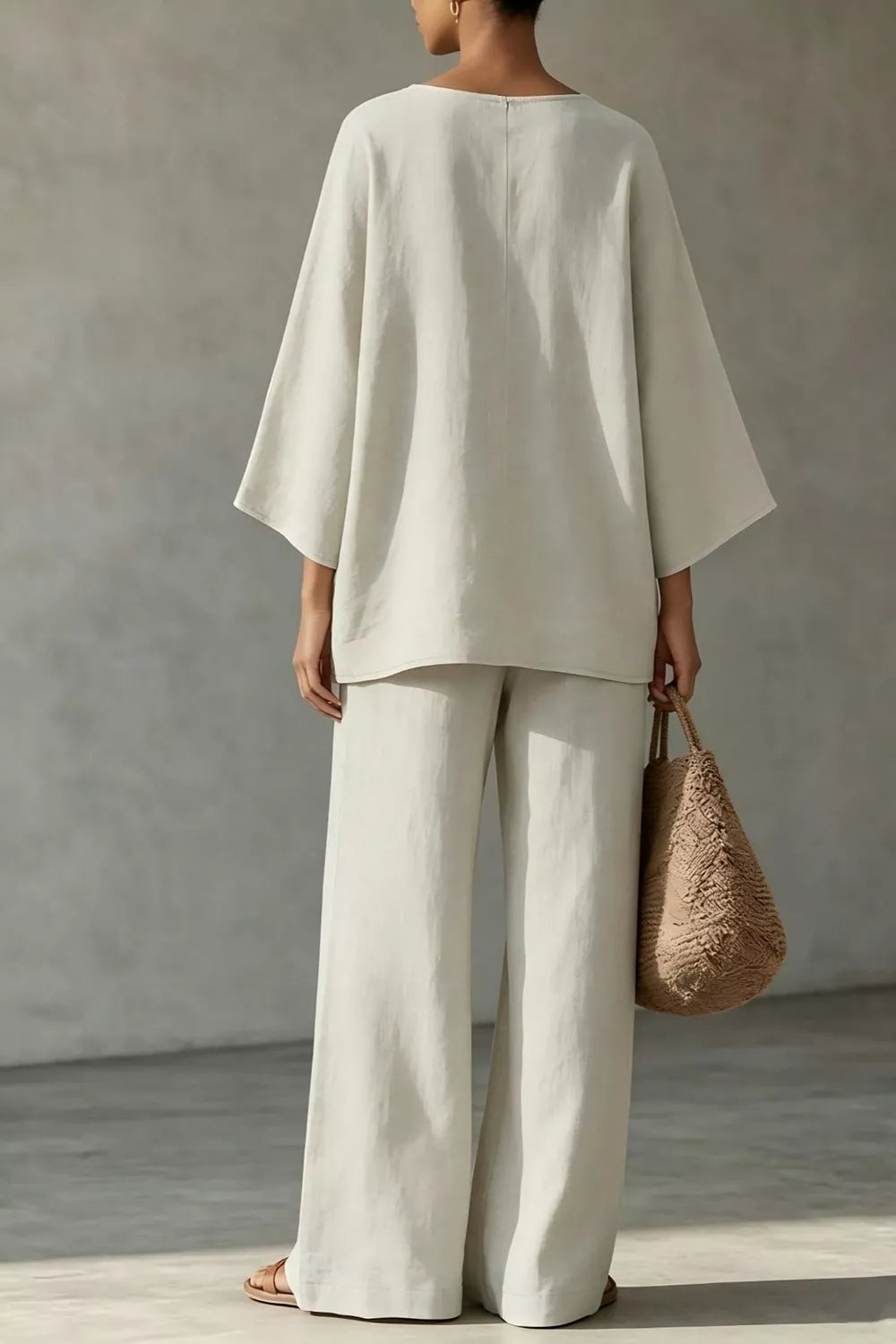 Women's Linen Boat Neck Top and Wide-Leg Pants Set