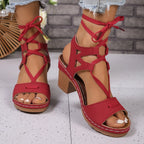 Women's Lace-Up Block Heel Sandals - Red