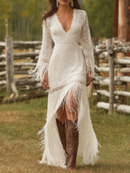 Women's White Boho Lace Fringe Maxi Dress V-Neck Fall Wedding Guest - White