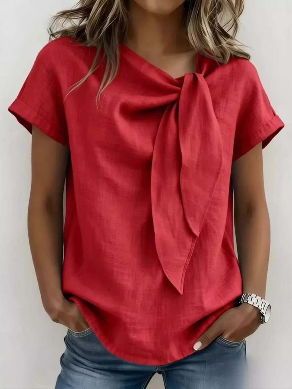 Women's Plus Size Tie-Neck Short Sleeve Blouse - Red