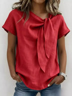 Women's Plus Size Tie-Neck Short Sleeve Blouse - Red