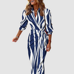Women's Elegant Striped Wedding Guest Event Dress - Blue and White