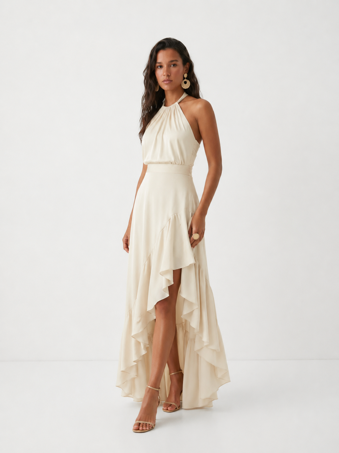 Women's Halter Neck Wedding Guest Dress with Asymmetric Ruffle Hem