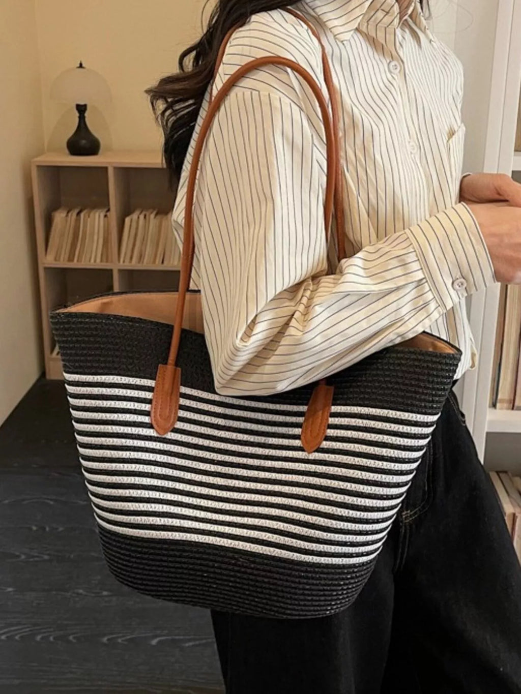 Women's Striped Woven Shoulder Bag