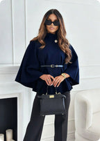 Women's Turtleneck Wool Poncho with Belt - Navy Blue