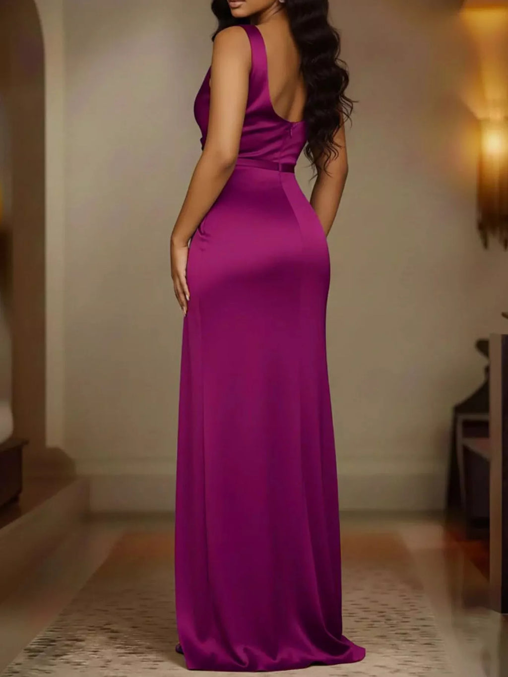 Women's Plus Size Satin Cowl Neck Maxi Dress with High Slit