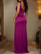 Women's Plus Size Satin Cowl Neck Maxi Dress with High Slit