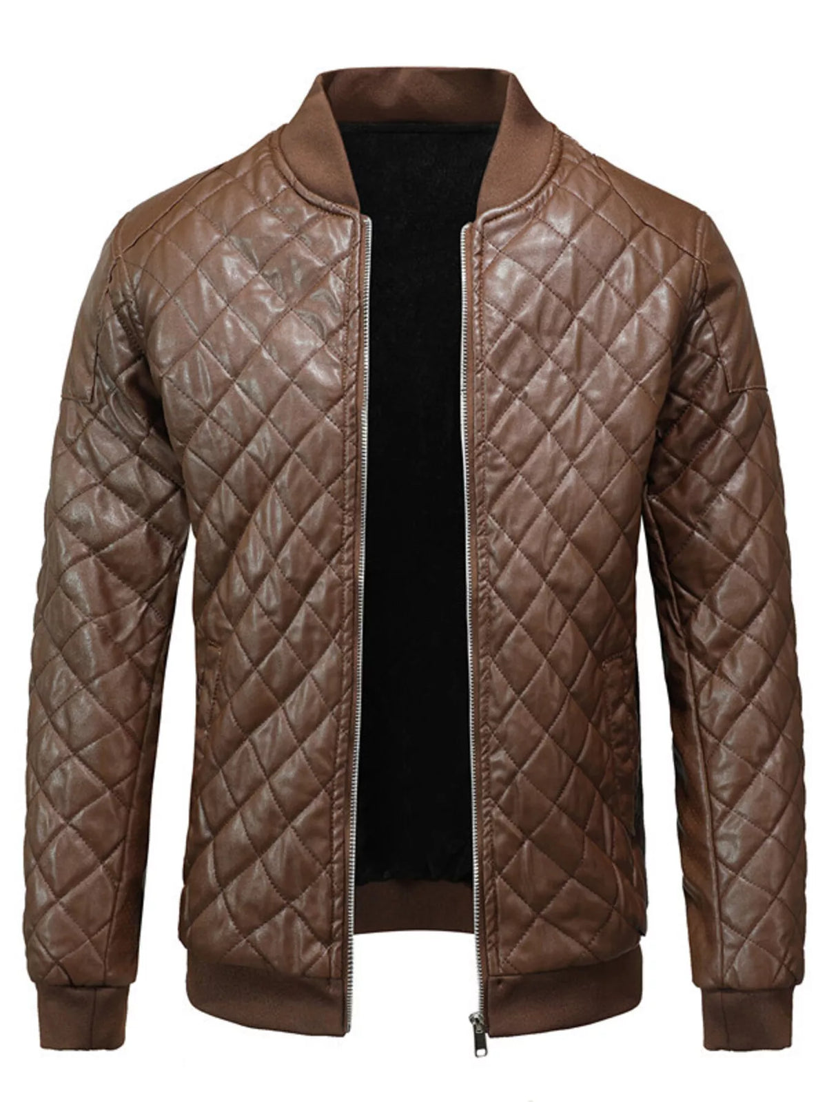Men's Padded Faux Leather Bomber Jacket Plus Size - Coffee
