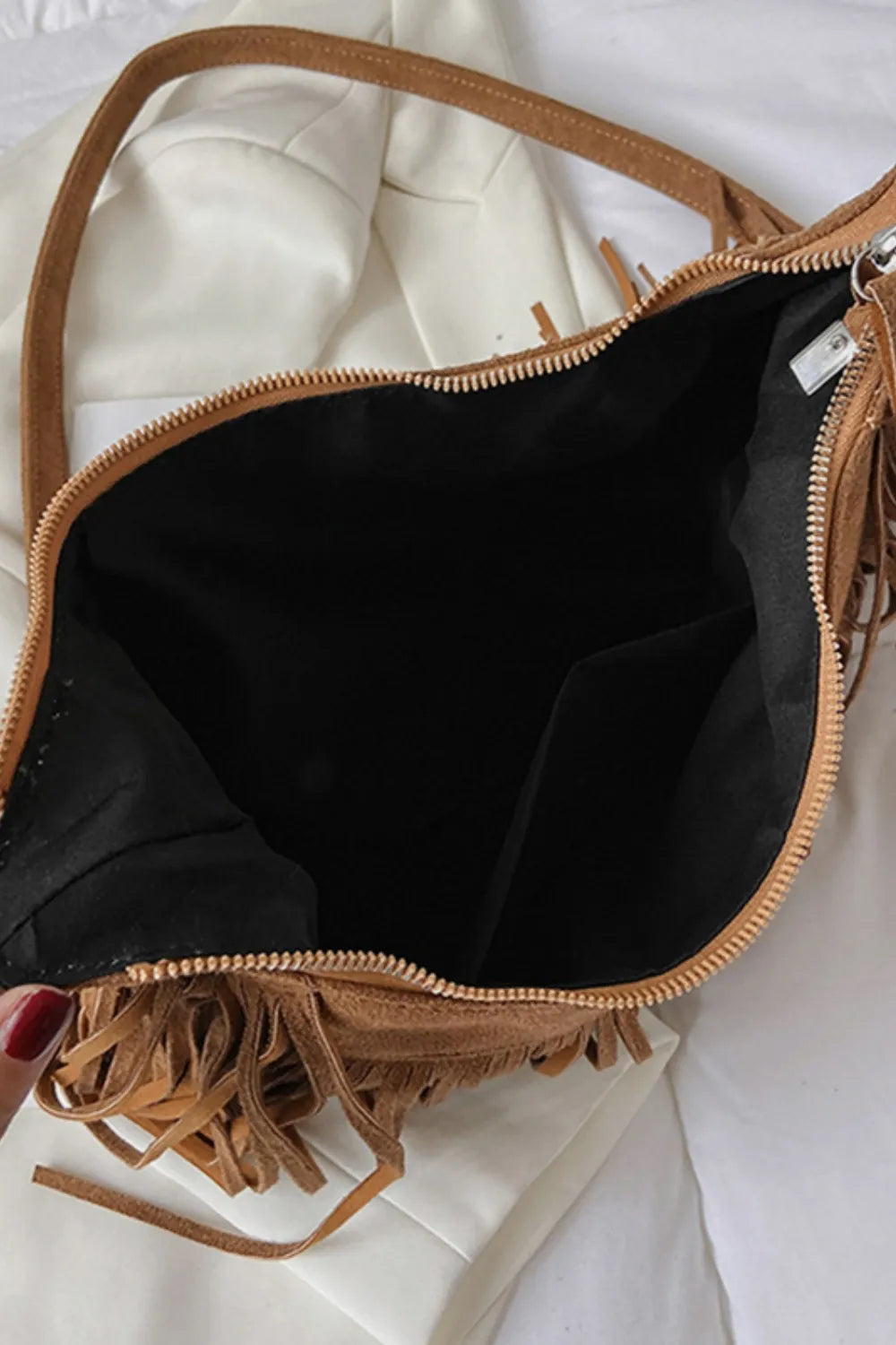 Women's Suede Fringe Shoulder Bag with Adjustable Strap