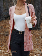 Women's Chunky Cable Knit Button-Up Cardigan - Pink
