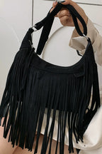 Women's Suede Fringe Shoulder Bag with Adjustable Strap - Black