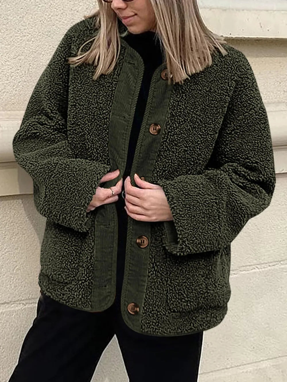 Women's Two-Tone Sherpa Button-Up Jacket with Pockets