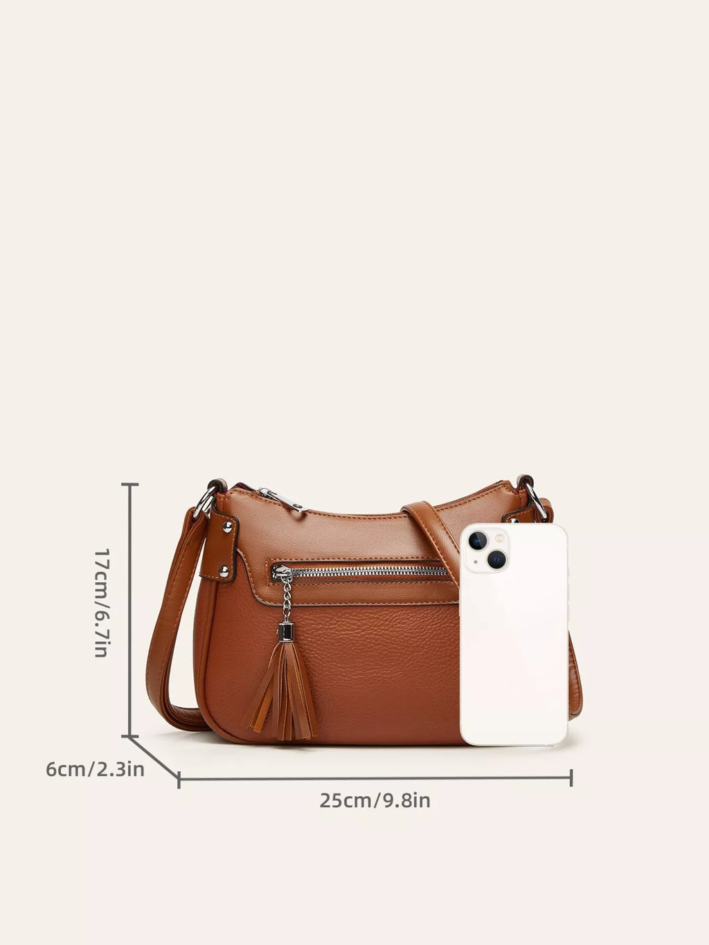 Women's Leather Crossbody Bag with Decorative Tassel