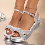 Women's Braided Strap Wedge Sandals - Silver