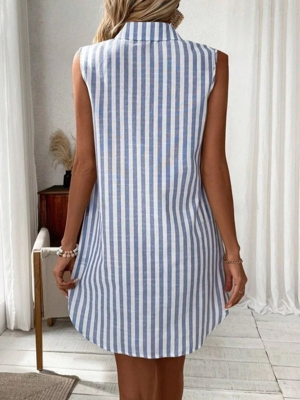 Women's Sleeveless Striped Shirt Dress with Button Detail
