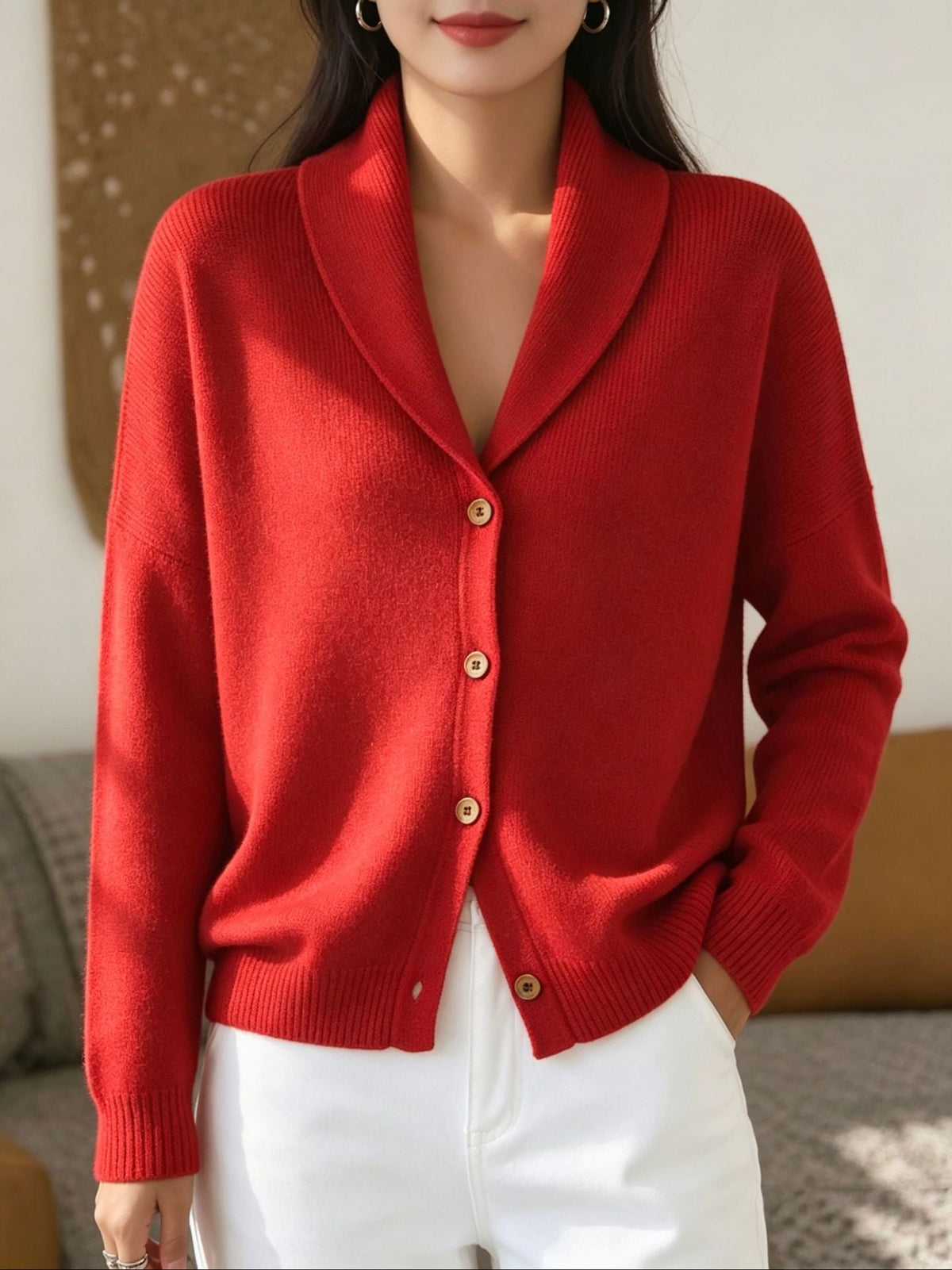 Women's Soft Knit Lapel Cardigan - Red