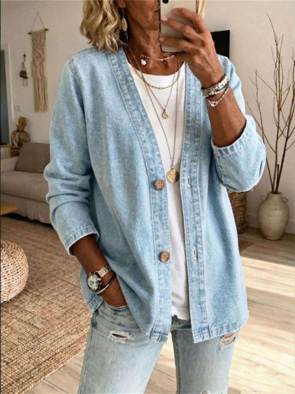 Women's Casual Denim Cardigan Jacket - Light Blue