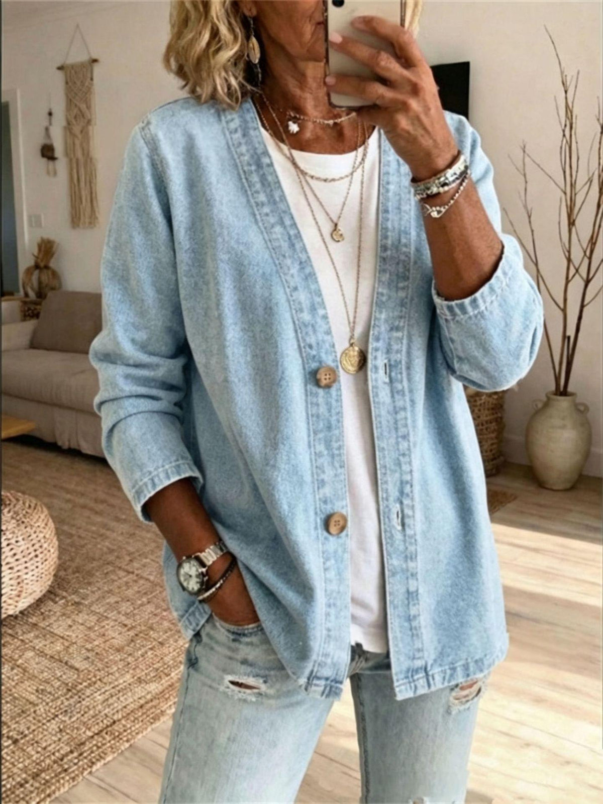 Women's Casual Denim Cardigan Jacket - Light Blue