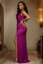 Women's Plus Size Satin Cowl Neck Maxi Dress with High Slit