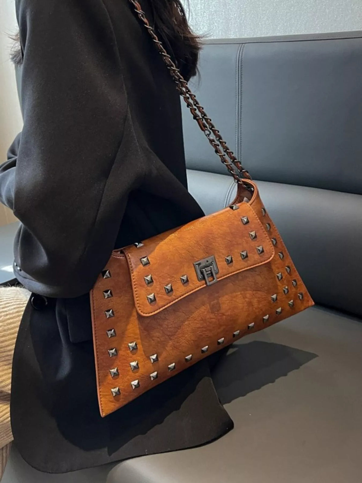 Women's Studded Flap Shoulder Bag with Chain
