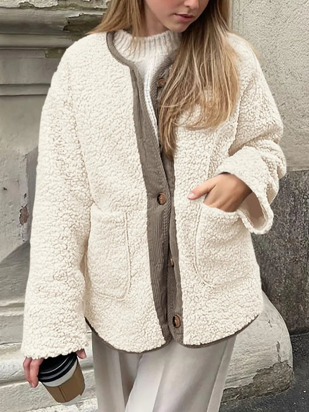 Women's Two-Tone Sherpa Button-Up Jacket with Pockets