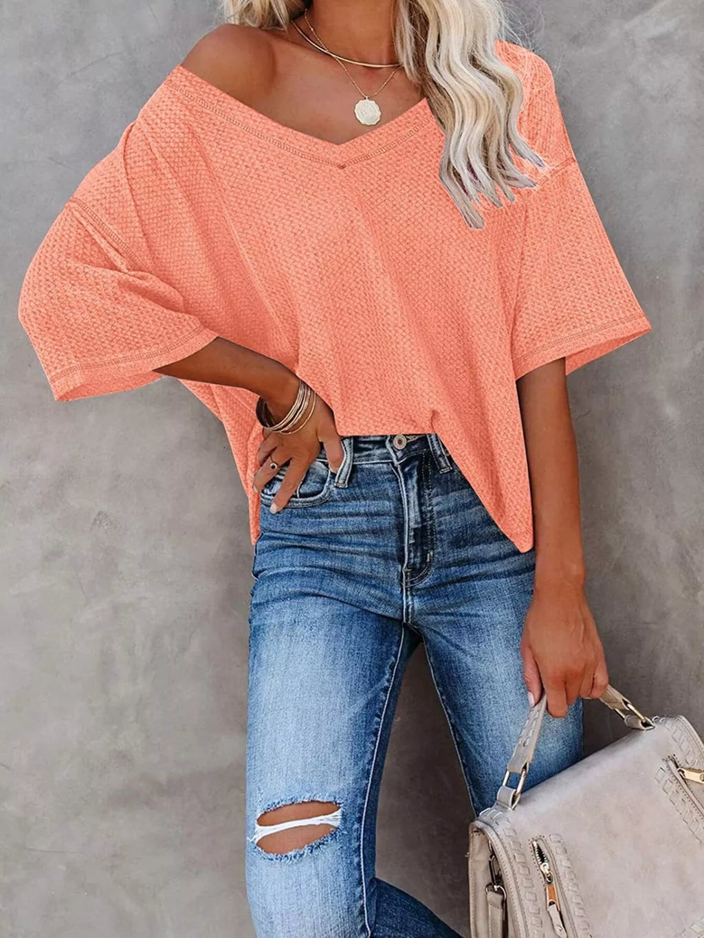 Women's Waffle Knit V-Neck Short Sleeve T-Shirt