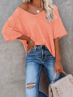 Women's Waffle Knit V-Neck Short Sleeve T-Shirt