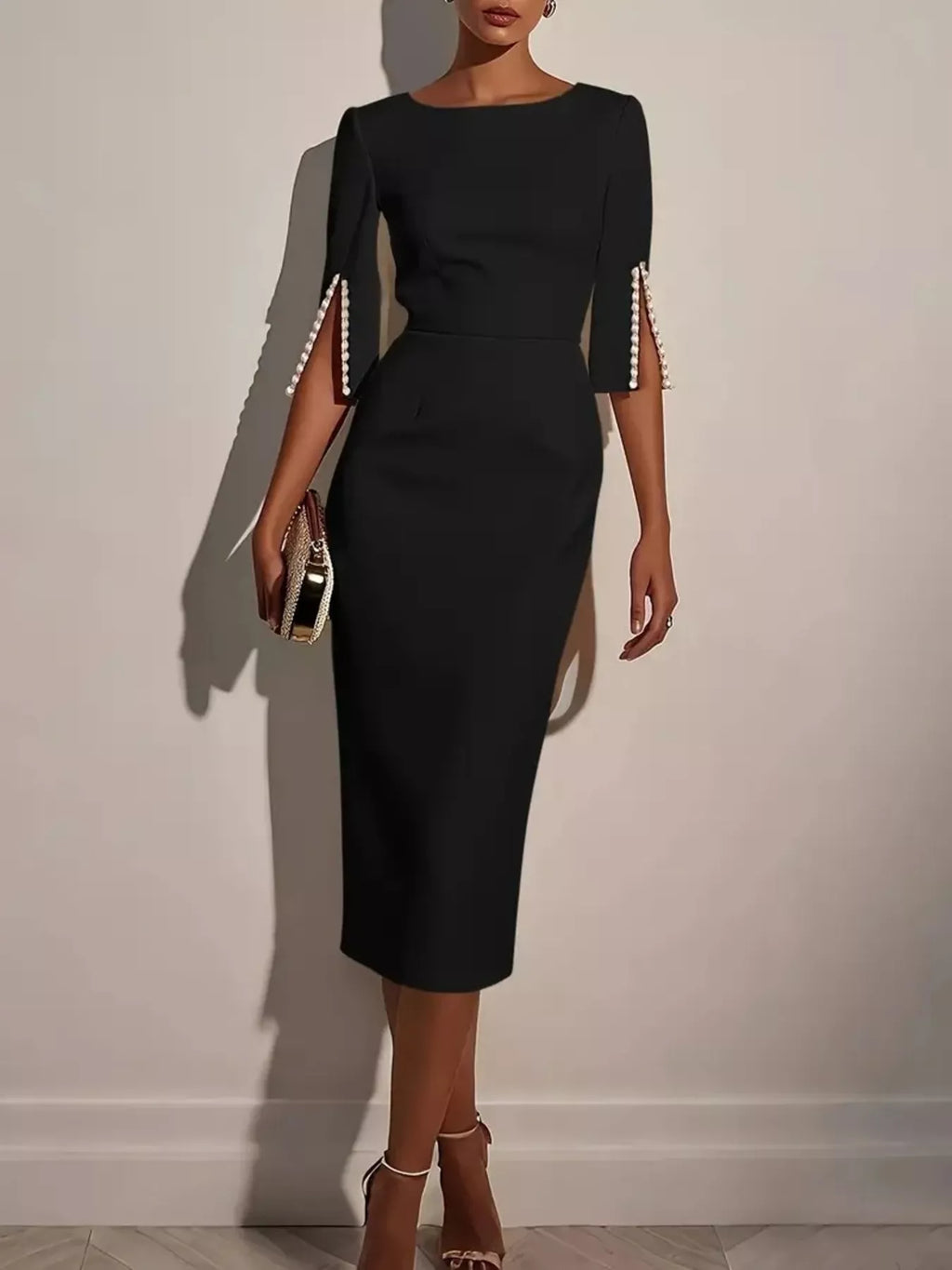 Women's Elegant Fitted Midi Dress with Beaded Open Sleeves - Black