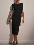 Women's Elegant Fitted Midi Dress with Beaded Open Sleeves - Black