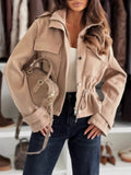 Women's Lightweight Casual Button-Up Jacket with Drawstring - Apricot