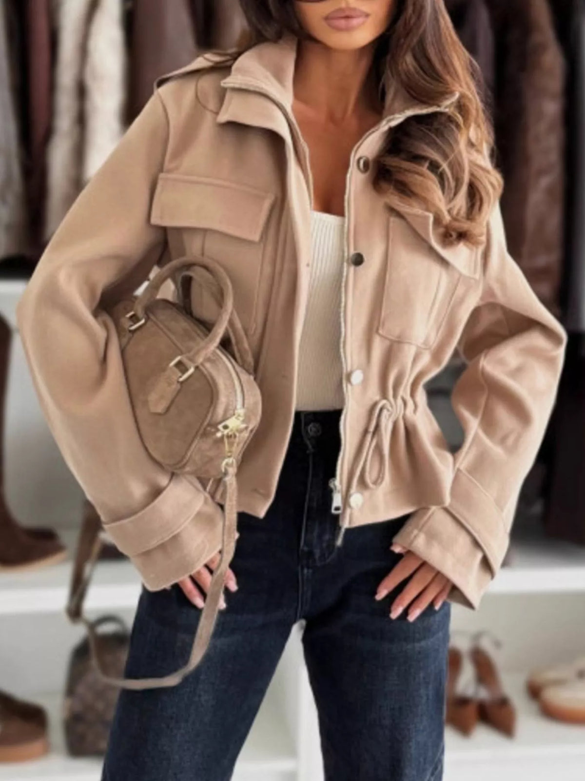Women's Lightweight Casual Button-Up Jacket with Drawstring - Apricot