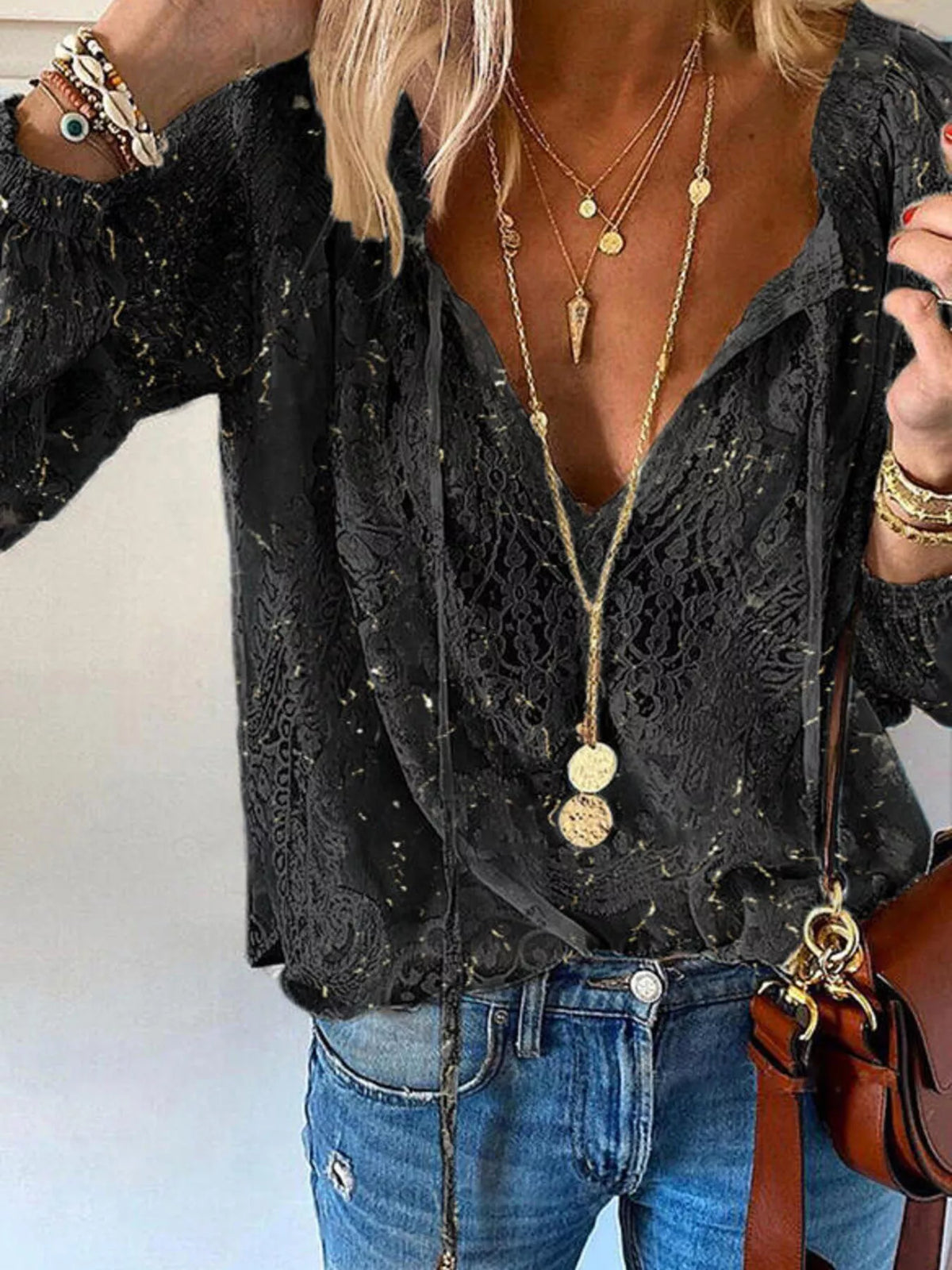 Women's Lace Tie-Neck Blouse