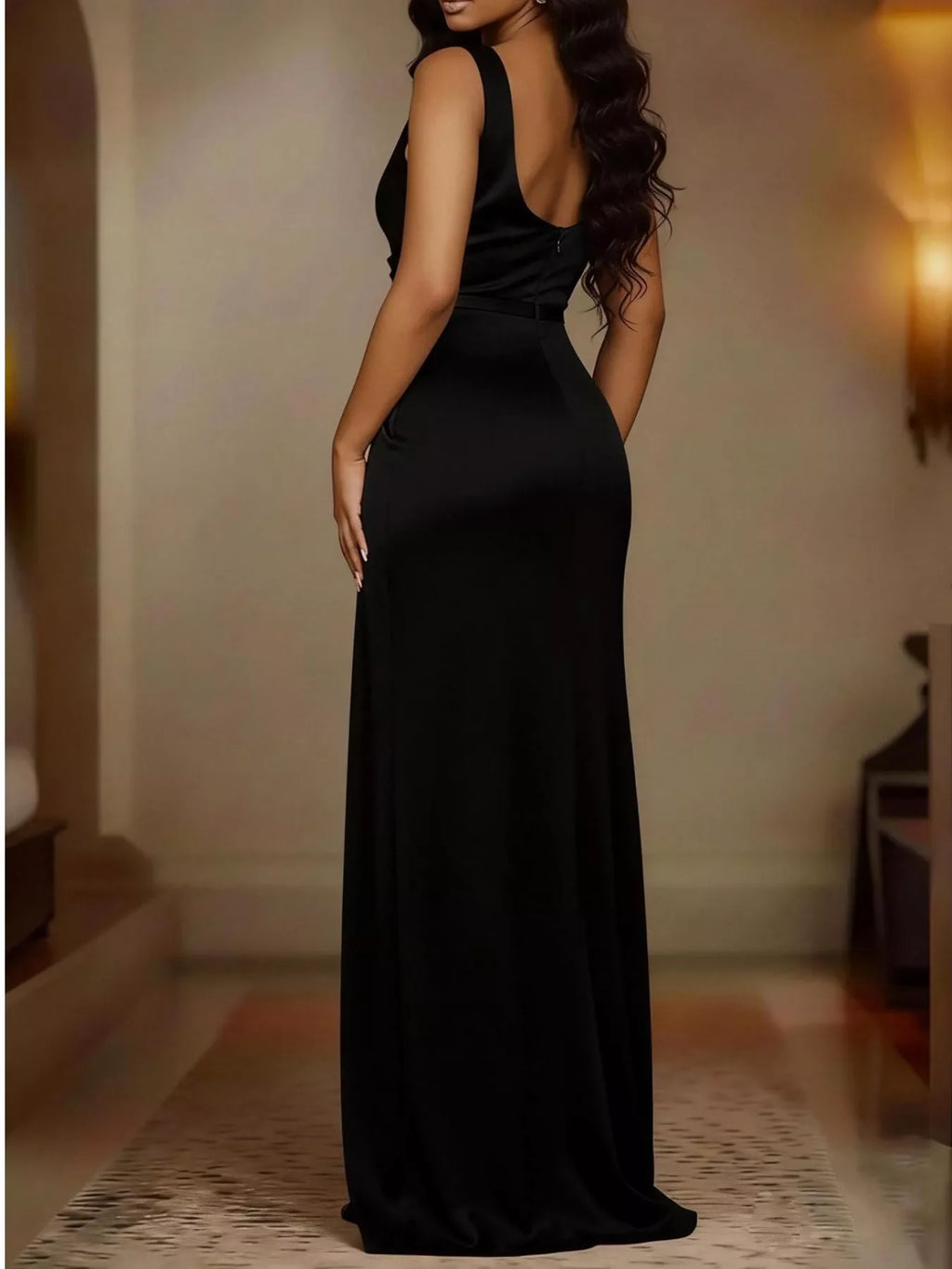 Women's Plus Size Satin Cowl Neck Maxi Dress with High Slit