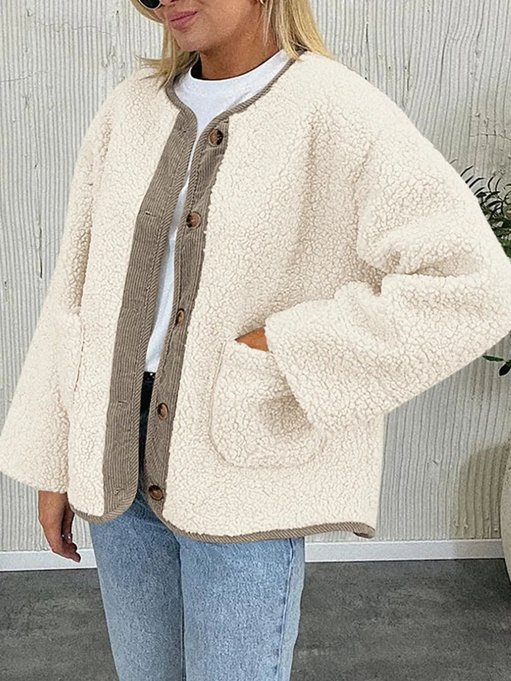 Women's Two-Tone Sherpa Button-Up Jacket with Pockets